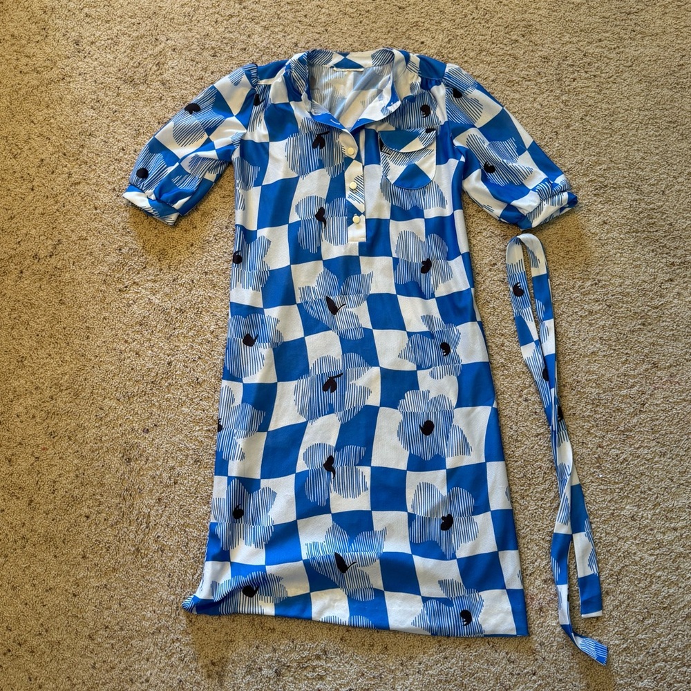Vintage Blue Geometric Checks Flowers House Dress Knee Length W/ Sash Tie Sm/Md